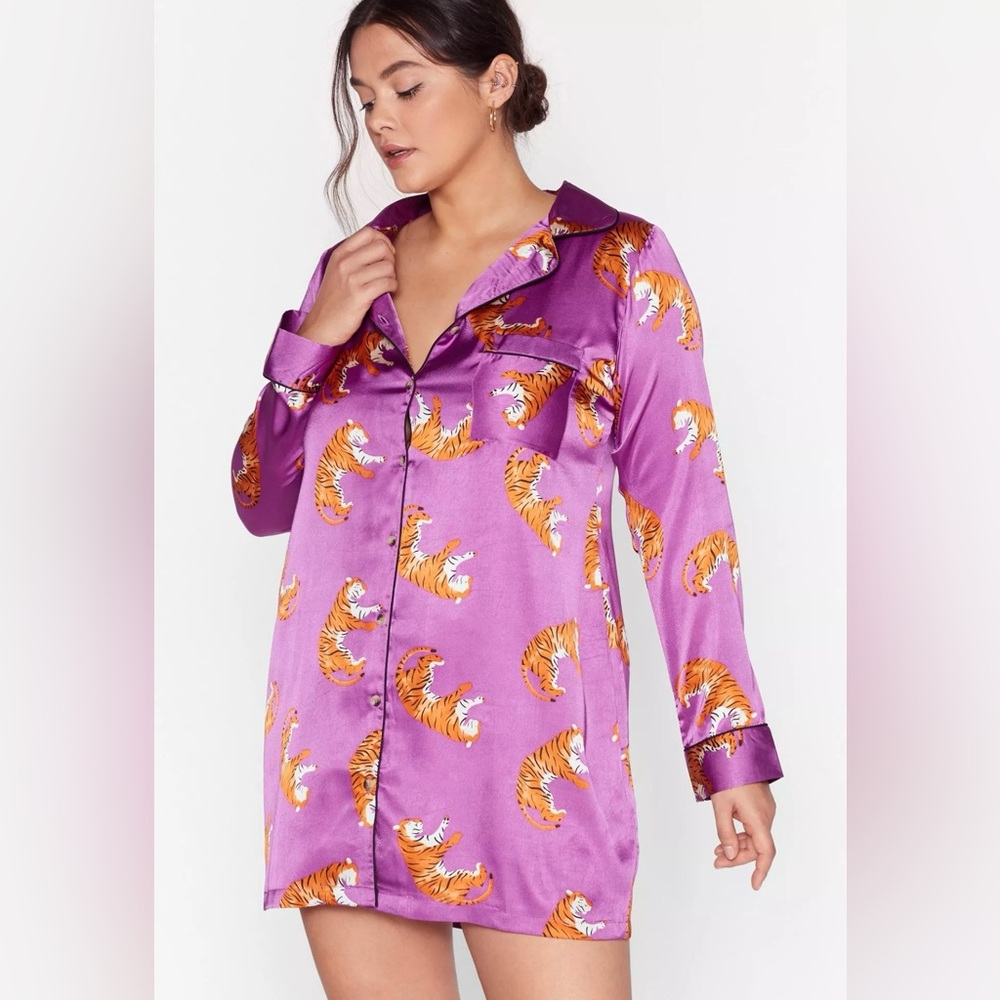 Drive Me Wild Plus Tiger Pajama Shirt Dress